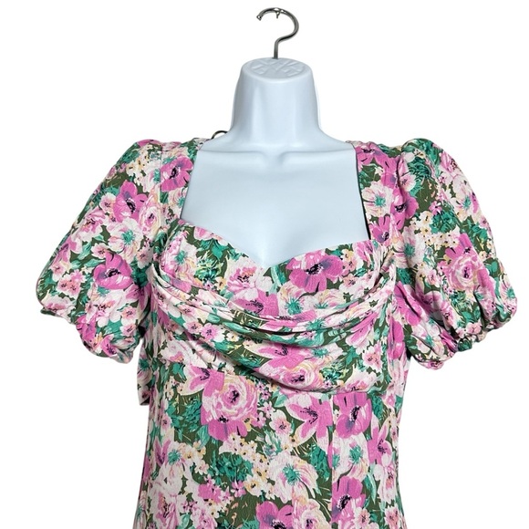 ASTR The Label Dayanara Dress Green Pink Floral Puff Sleeve Slit Maxi size Large - Picture 2 of 11